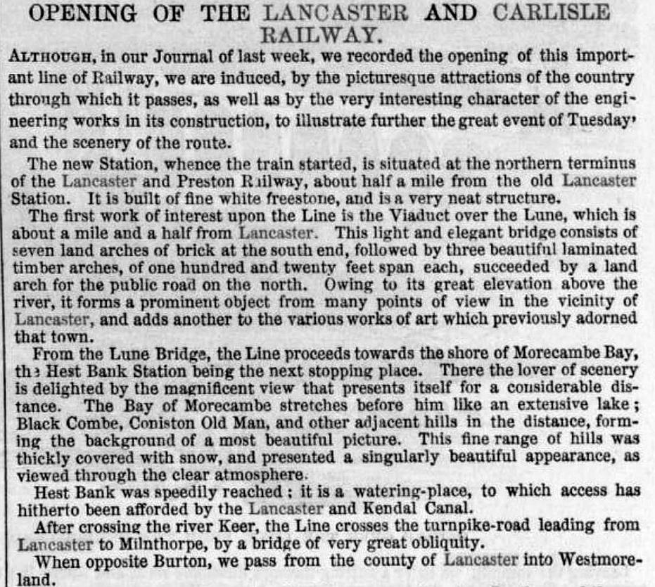 Opening of Lancaster Carlisle Railway